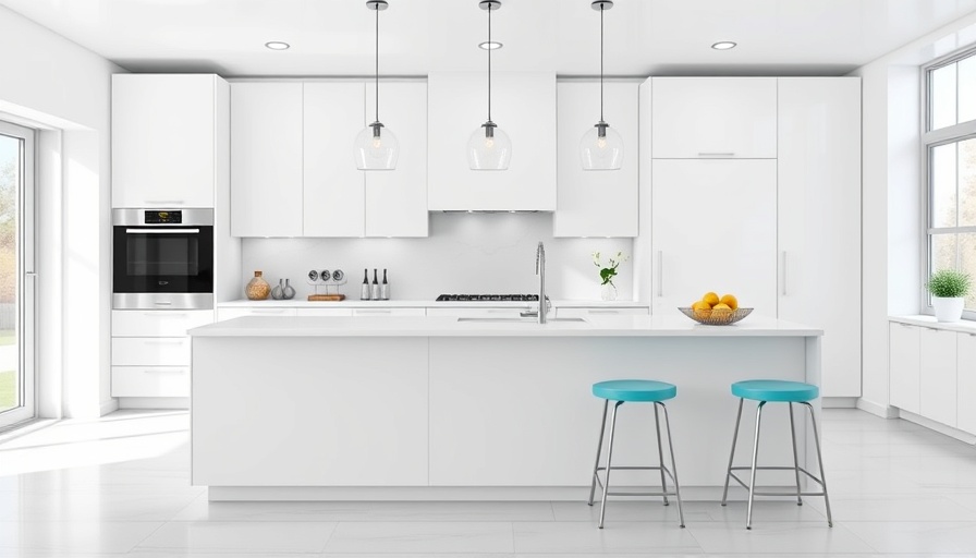 Modern kitchen with sleek microwave integration and turquoise stools.