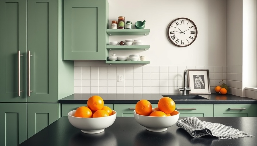 Modern small kitchen storage with green cabinets and sleek organization.