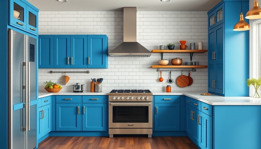 Colorful kitchen cabinets in modern blue kitchen design.