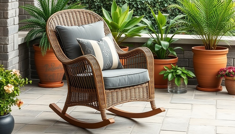 Comfy outdoor chairs on a patio with potted plants and soft cushions.