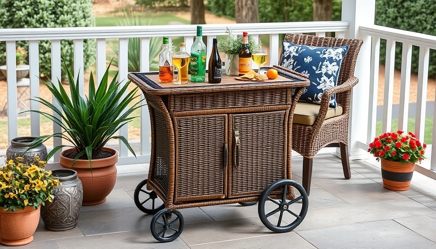 Charming wicker outdoor bar cart on a cozy patio.
