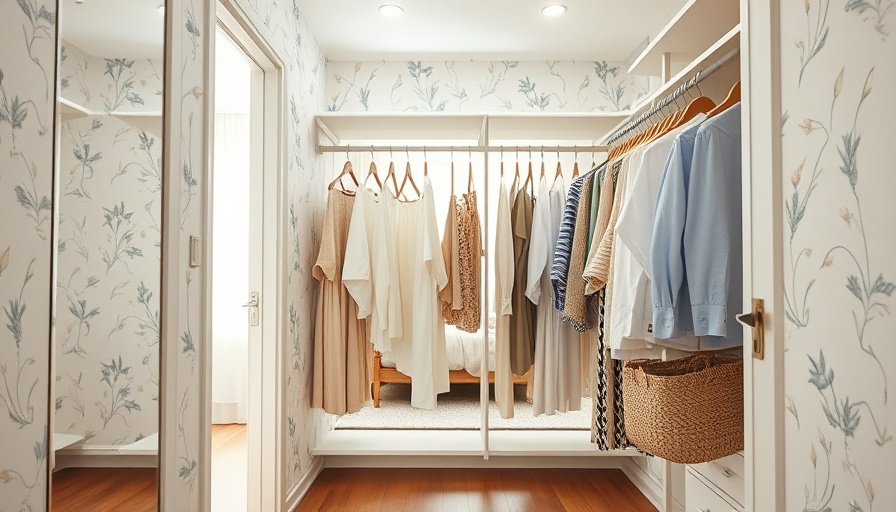 Closet makeover with organized space and floral wallpaper.