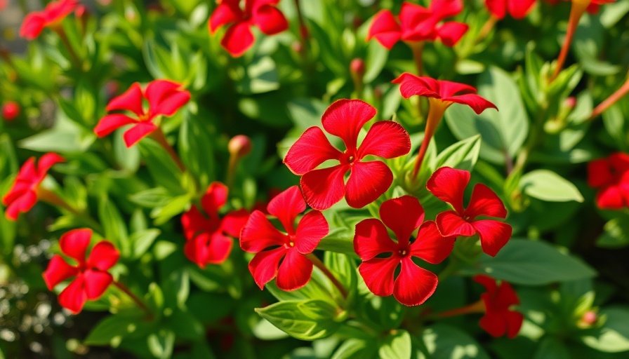 Vibrant red flowers in a small garden setting