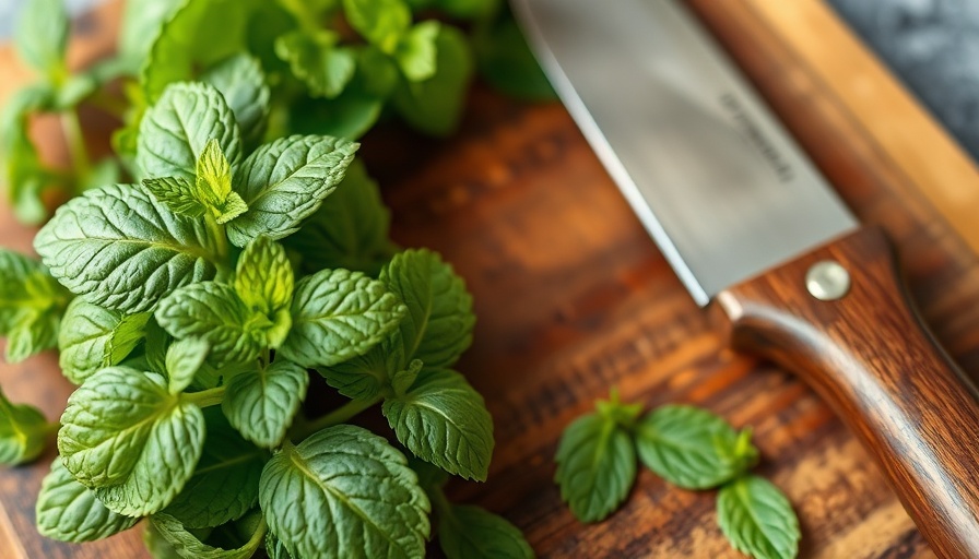 Fresh mint and mezzaluna knife on cutting board, how to harvest mint.