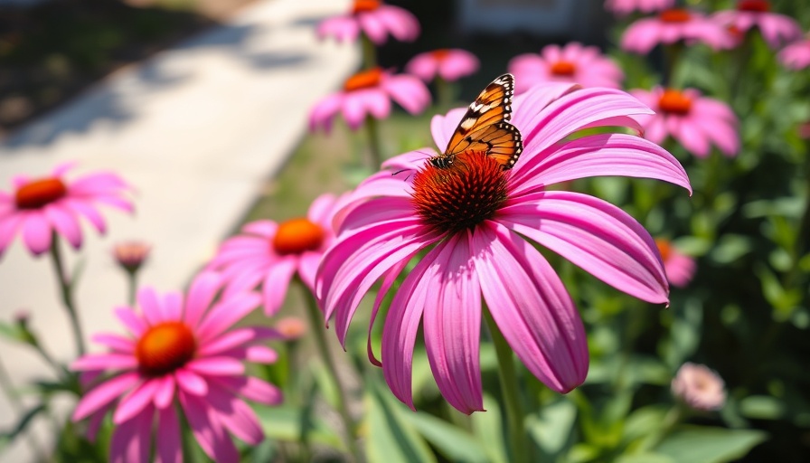 Butterfly on echinacea flowers in a sunny pollinator garden, vivid colors.