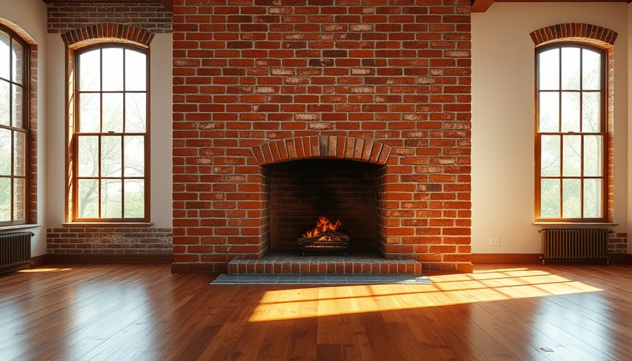 Rustic fireplace with soot marks on bricks, clean indoor setting.