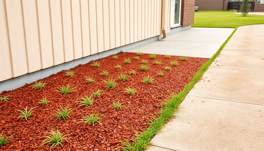 Flower bed with mulch and grass by walkway; kill grass in flower beds.