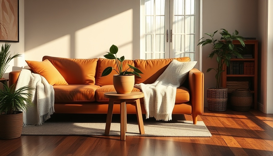 Cozy living room with leather couch and plant in sunlight, items to never leave in direct sunlight.