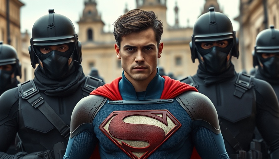 Superhero detained in urban setting, reflecting Superman new screenplay.