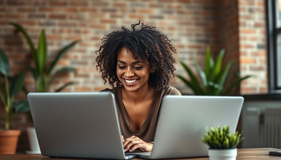 Smiling woman using laptop in home office with natural light.