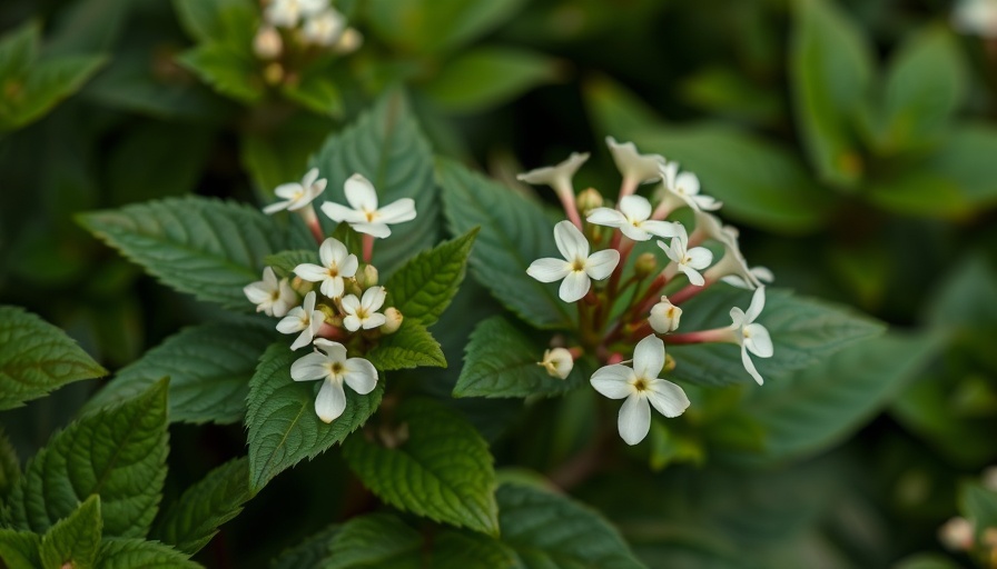 Perennial vegetable plant with white blossoms in small garden.