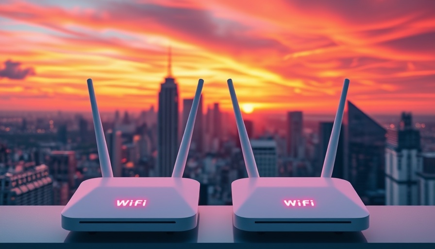Dual Wi-Fi routers enhancing home speeds, vivid sunset backdrop.