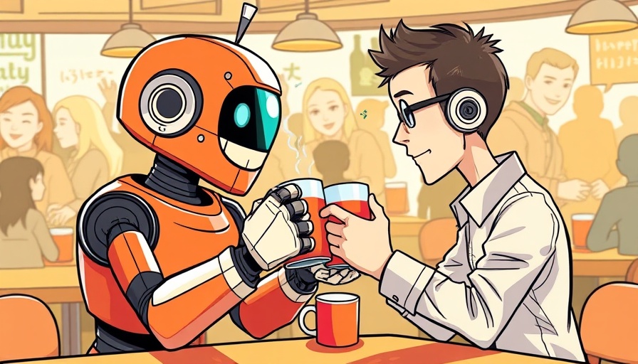 Cartoon robot and person in a cafe clinking mugs, generative AI for market research.