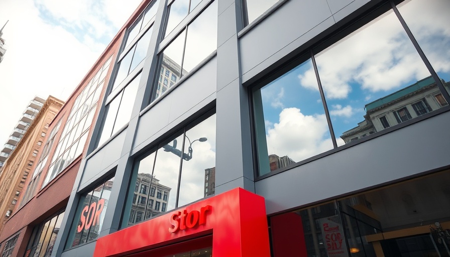 Urban building facade with store signage reflecting clouds, representing a return to office plan.