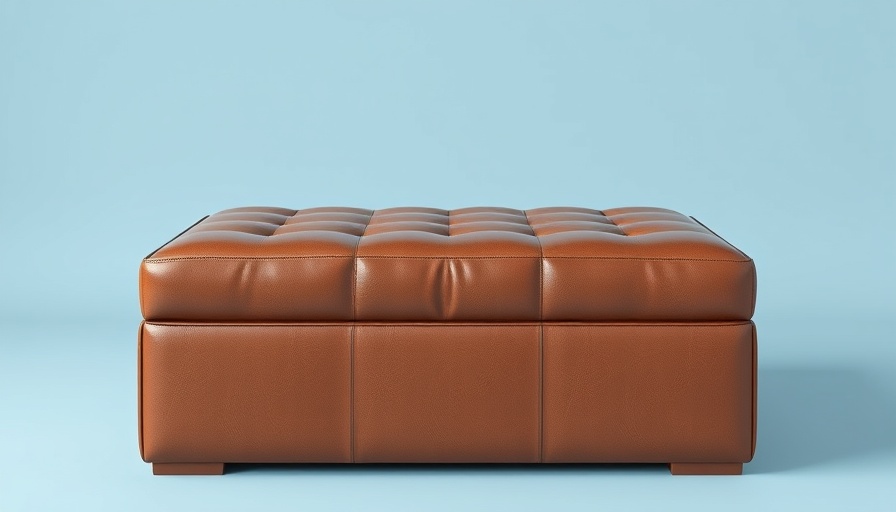 Brown leather multifunctional ottoman on textured blue background.