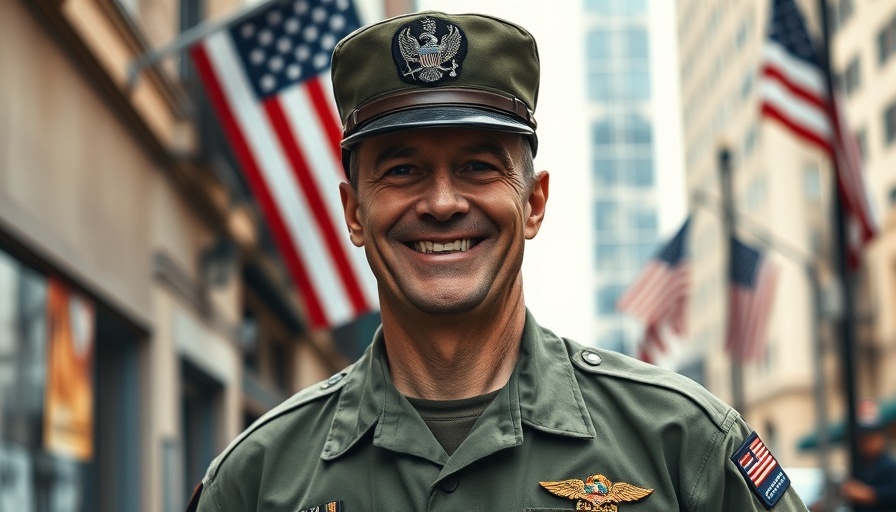 Proud military veteran in uniform with American flag background.