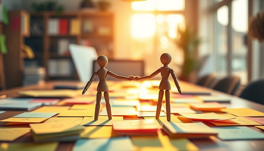 Wooden figures linked by twine on sticky notes under sunlight, HR technology theme.