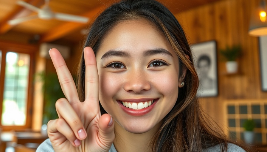 Smiling young woman giving peace sign in warm indoor setting, highlighting employer branding in diverse workplaces.