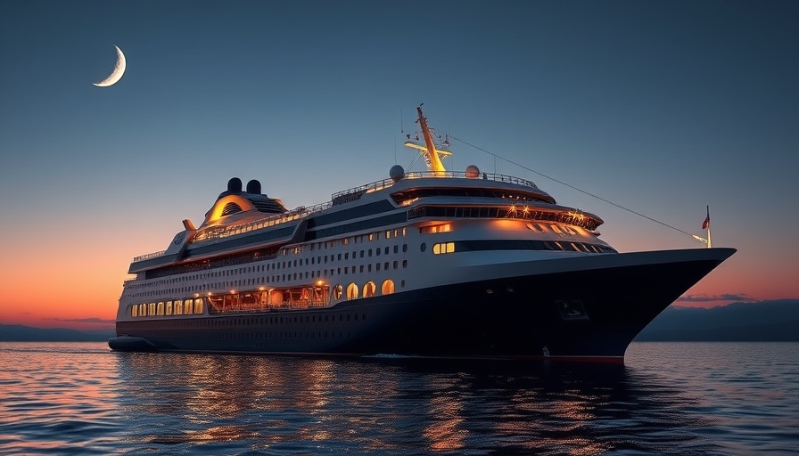 Majestic cruise ship under crescent moon with serene evening sky.