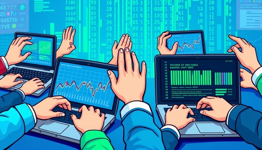 Illustration of diverse hands on laptops analyzing vibe analytics data.