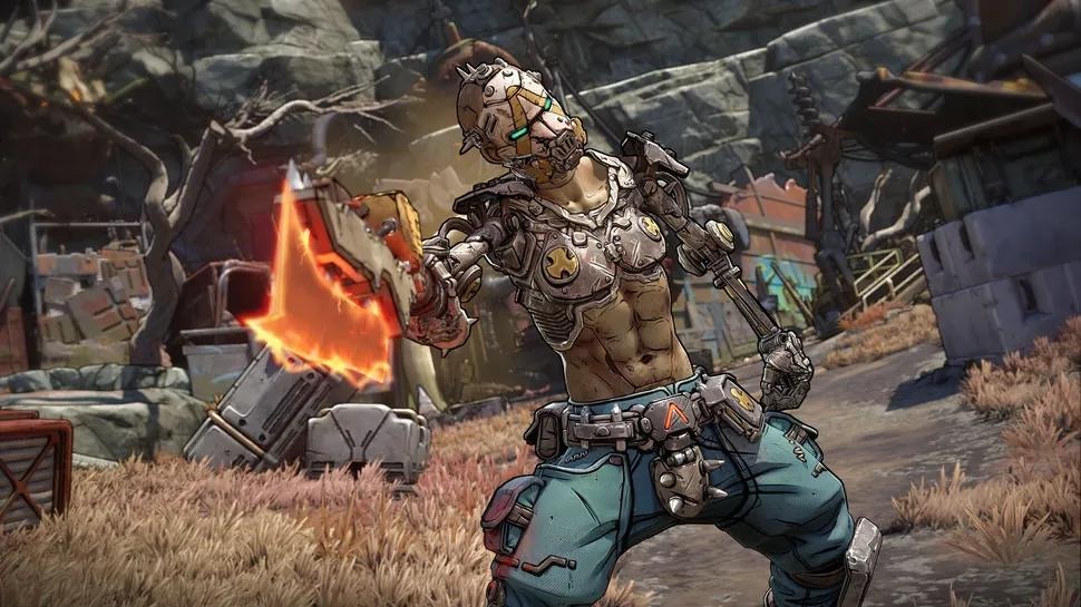 Borderlands 4 warrior in intense action pose against red backdrop.