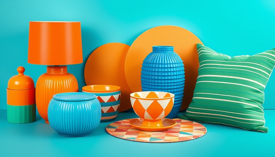 A mix of colorful home decor items including a blue container, an orange lamp, and patterned accessories.