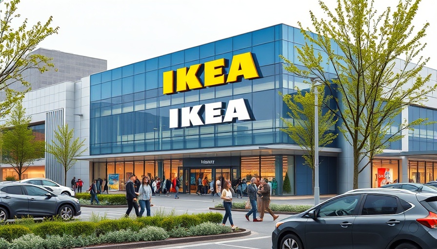 Modern shopping complex with IKEA store entrance, urban setting