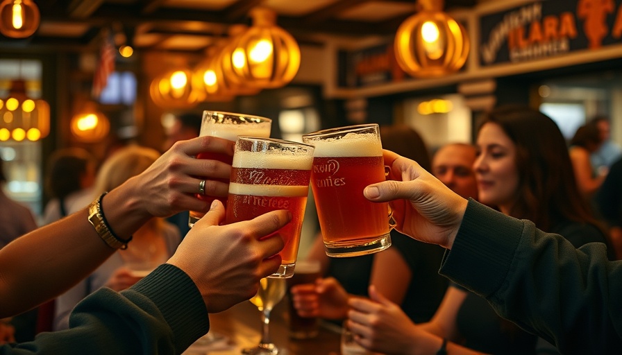 People toasting with beer glasses at happy hour, showcasing work happy hour etiquette.
