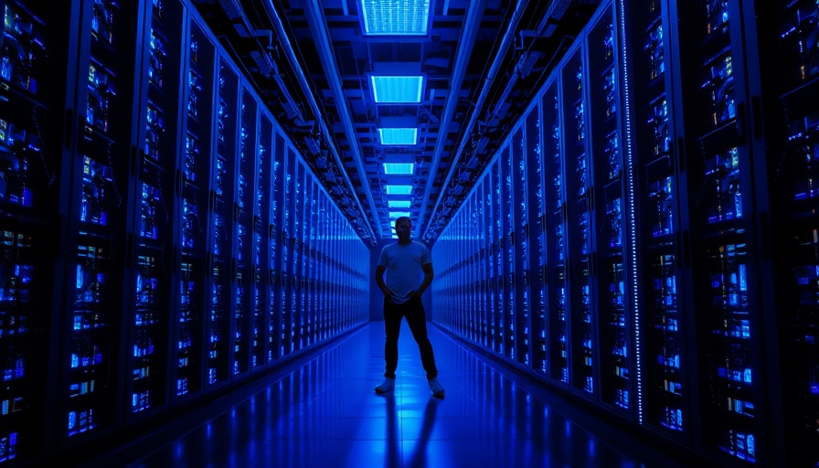 Modern data center corridor with blue LED lights for ERG news 2025.