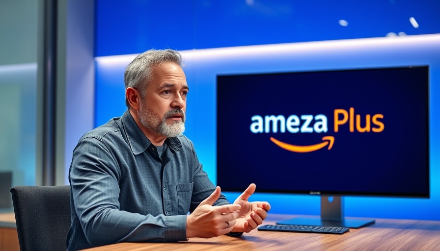 Man discussing Alexa Plus advertisements with display screen in studio.