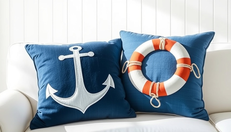 Affordable coastal decor with anchor and lifebuoy pillows on sofa.
