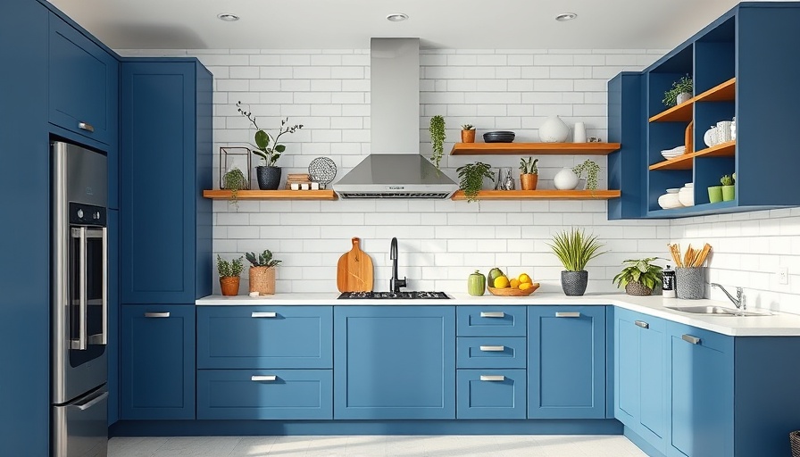 Modern kitchen with open shelving and blue cabinets highlighting bad kitchen design trends.