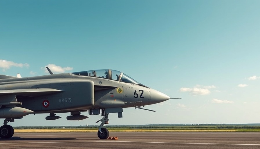 Vintage Harrier II jump jet parked on a runway, clear sky.