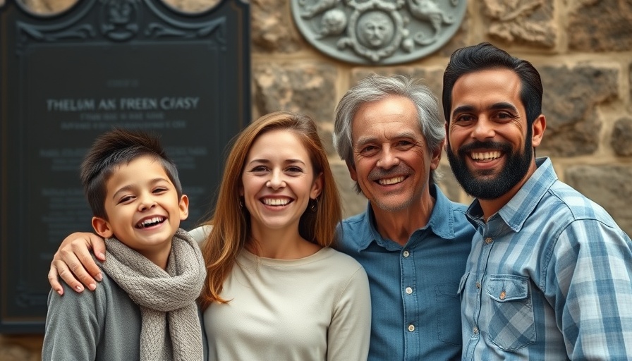 Family of four smiling outdoors in front of a memorial wall.