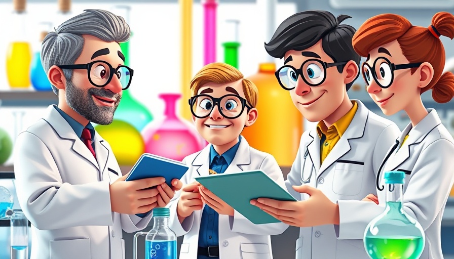 Cartoon scientists discuss in a lab setting highlighting the U.S. STEM education gap.