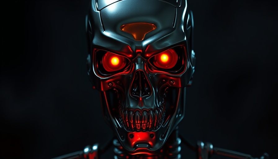 2D Terminator skull with red eyes, ominous background, detailed illustration.