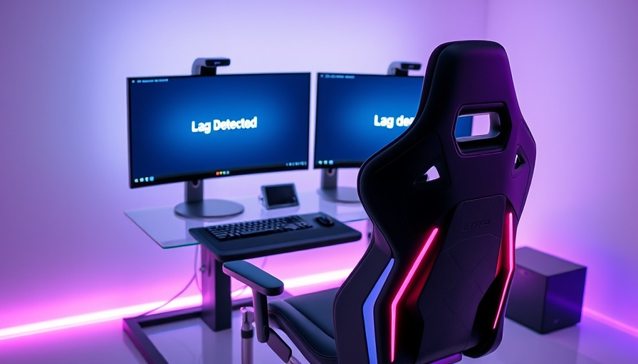 Futuristic gaming setup showing lag detection message.