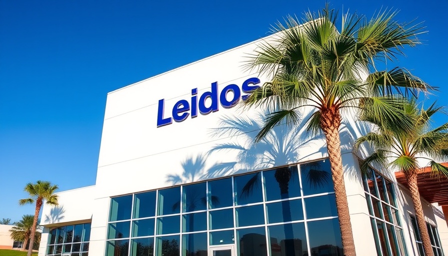Leidos office building with logo under a clear sky, palm tree shadows.