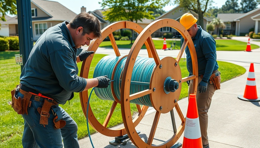 Technicians upgrading Fidium fiber internet outdoors.