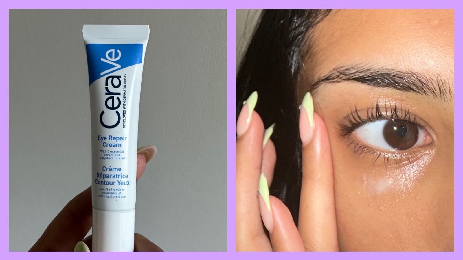 CeraVe Anti-Aging Eye Repair Cream tube on pink and blue background.