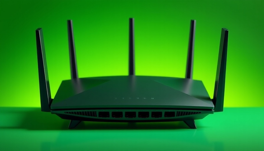 Modern Wi-Fi router with three antennas against a green backdrop