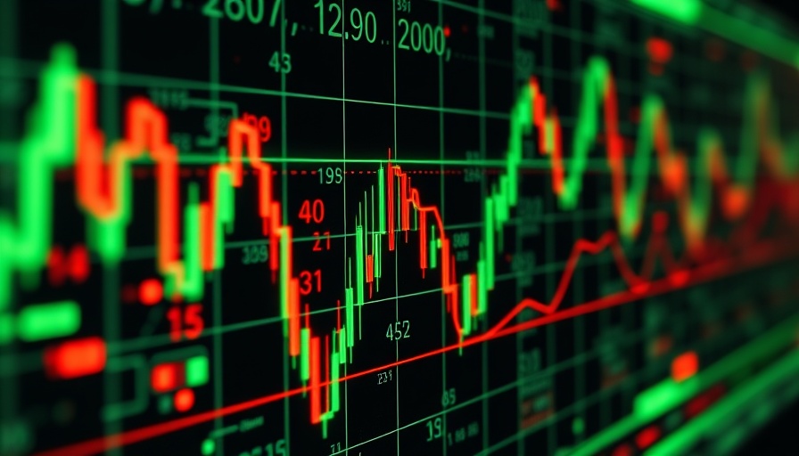 Digital graph displaying market trends with green lines.