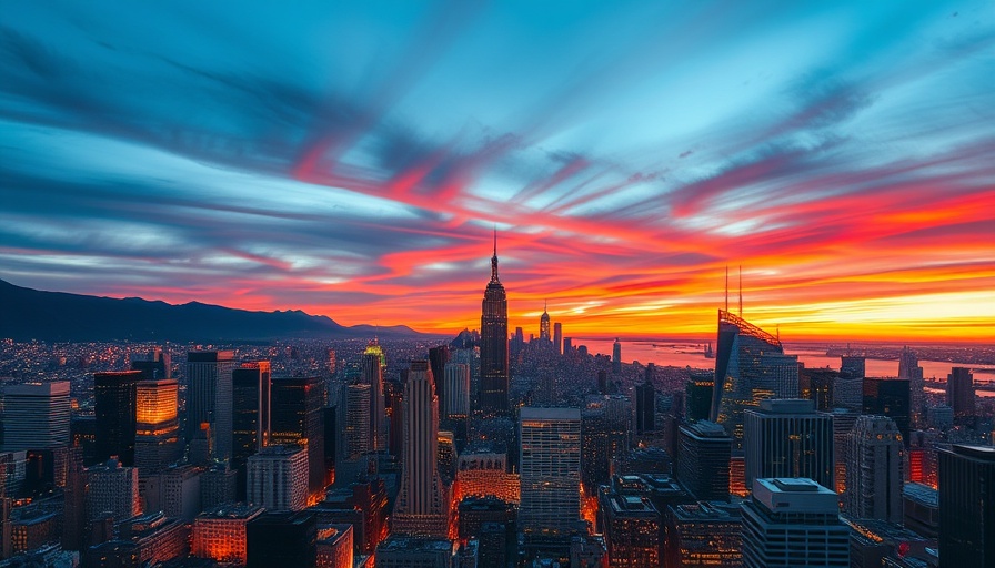 Vibrant city skyline at dusk, colorful sky, HR technology acquisition.