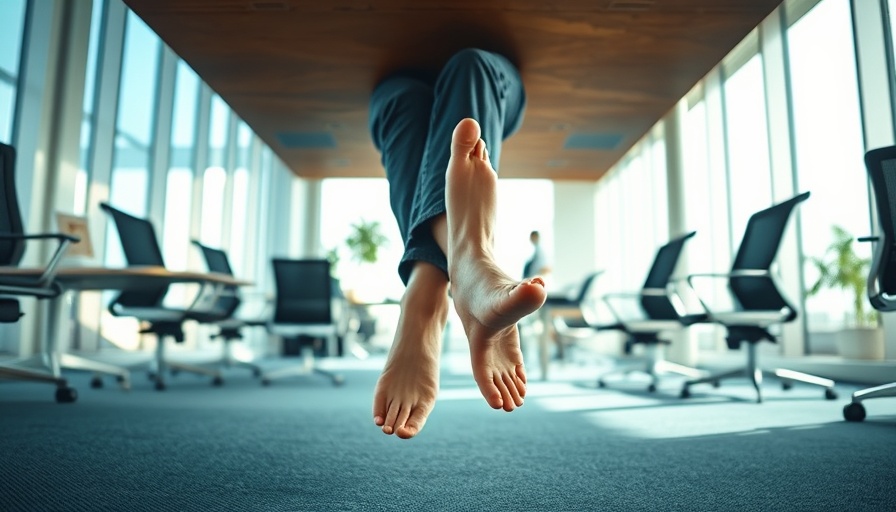 Bare feet under desk, no-shoes office policy in modern workspace.