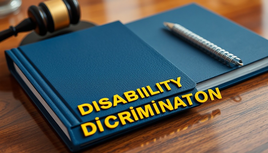 ADA compliance in workplace bias cases: gavel, law book, and 'Disability Discrimination' notebook on wooden desk.