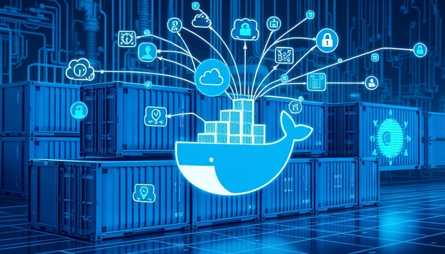 Docker for artificial intelligence digital artwork with containers and AI symbols.