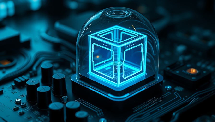 Advanced quantum sensing technology depicted with a glowing blue cube under a glass dome.