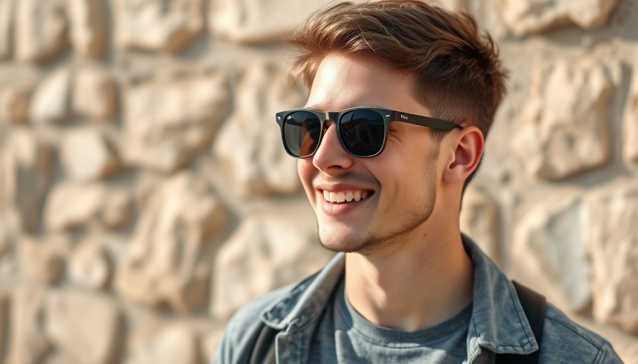 Young man outdoors wearing sunglasses against stone wall.