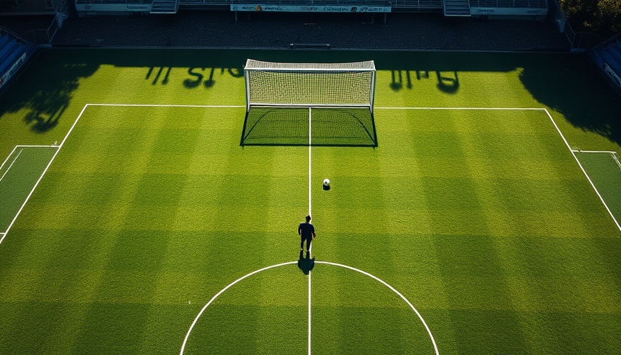 Aerial view of soccer field with player and goal.