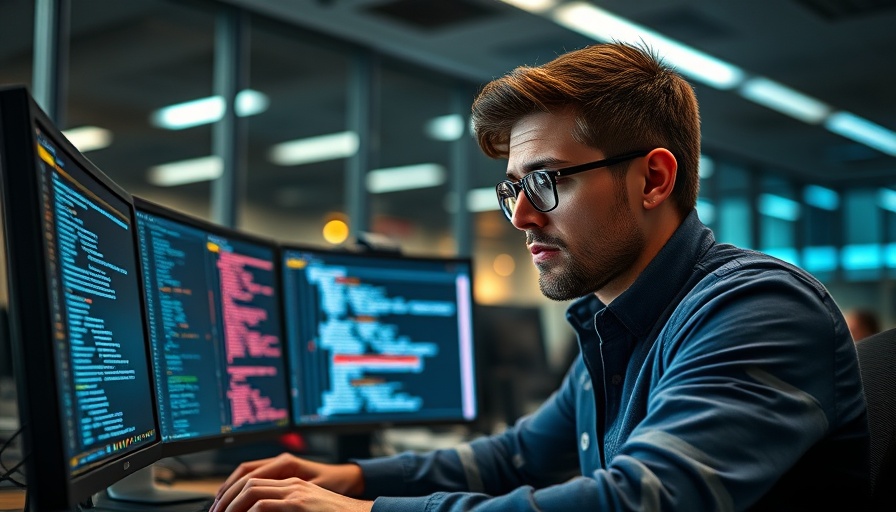 Modern programmer coding on dual monitors in an open office for AI productivity in coding.